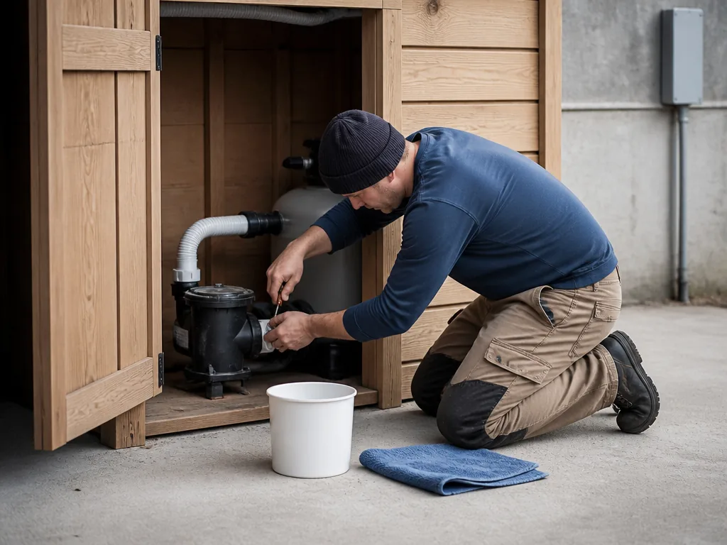 Photorealistic editorial photograph: a person in work clothes kneels beside an open wooden garden shelter, hands tighten