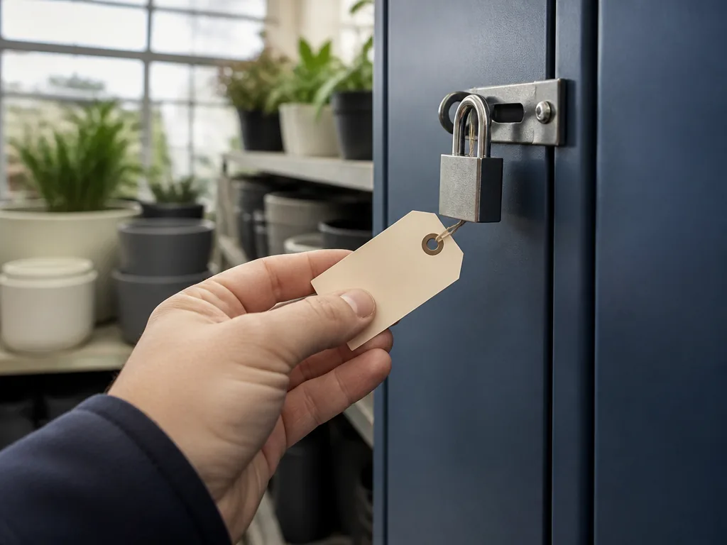 Photorealistic editorial photograph: close-up of a hand holding a blank price tag near a metal equipment cabinet with a 