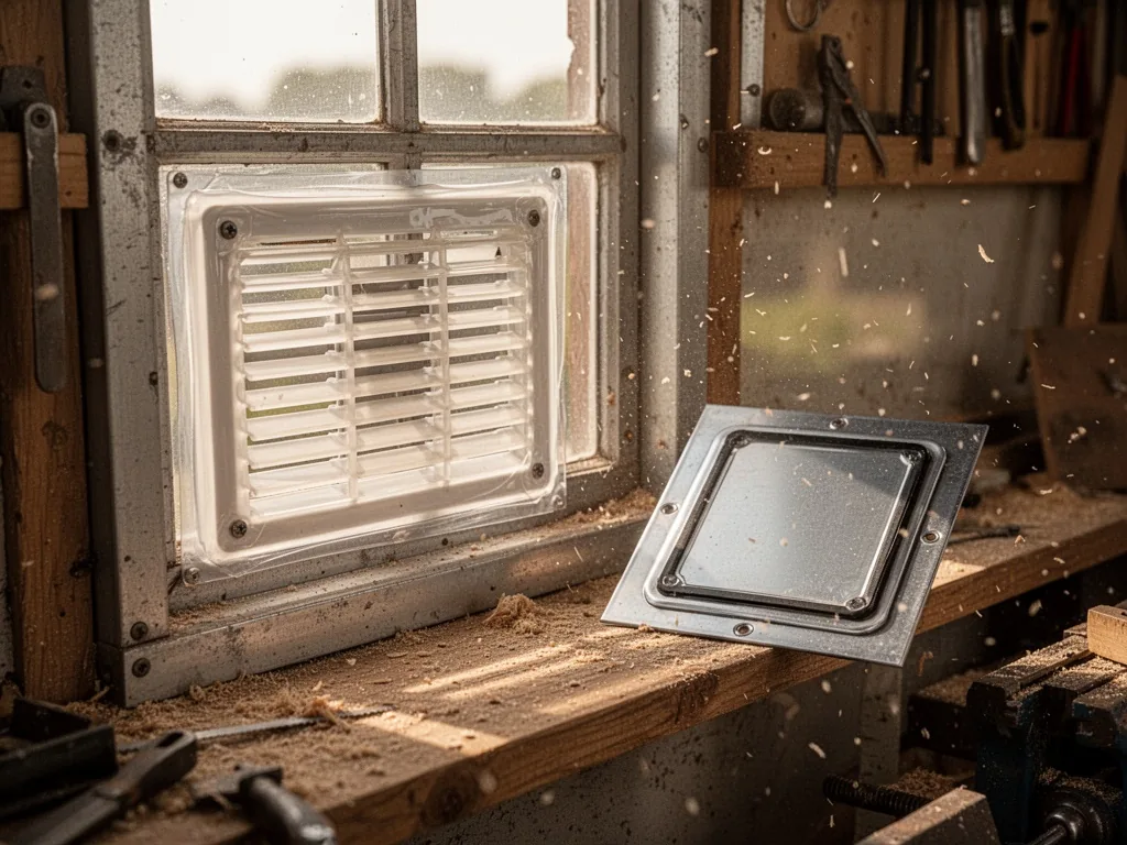A metal workshop window with an adhesive vent grille and a magnetic vent panel resting on the wooden sill, warm afternoo