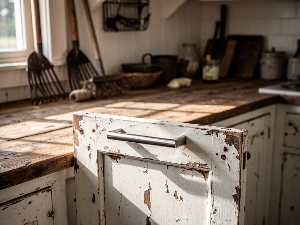 A farmhouse kitchen cabinet door with chipped white paint and stainless steel handle, scuffed corners, morning sun strea