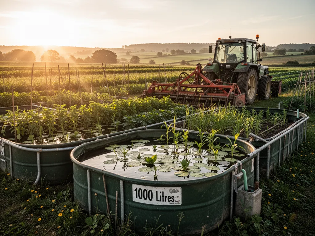 Bassin de jardin préformé de 1000 litres en polyéthylène noir, partiellement rempli, en cours d'installation dans une cour paysagée avec plantes aquatiques