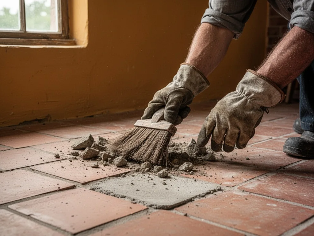 Rough hands in work gloves sweeping debris from a farmhouse tile floor, old terracotta and cement tiles intact, soft nat