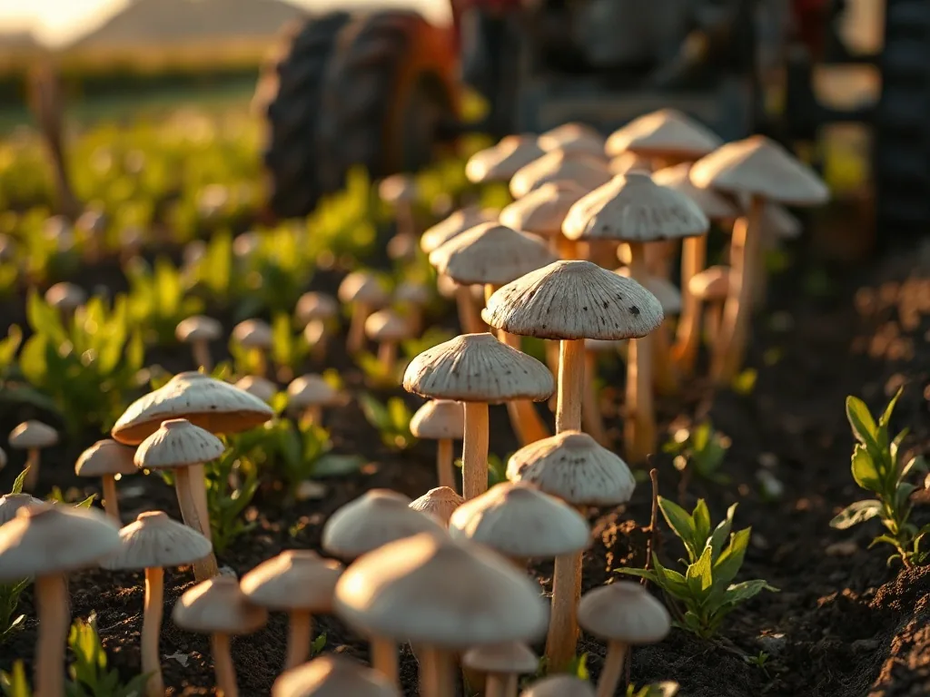 Gros plan sur plusieurs champignons à chapeau blanc et lamelles roses poussant dans une pelouse tondue, avec des brins d'herbe humide autour du pied