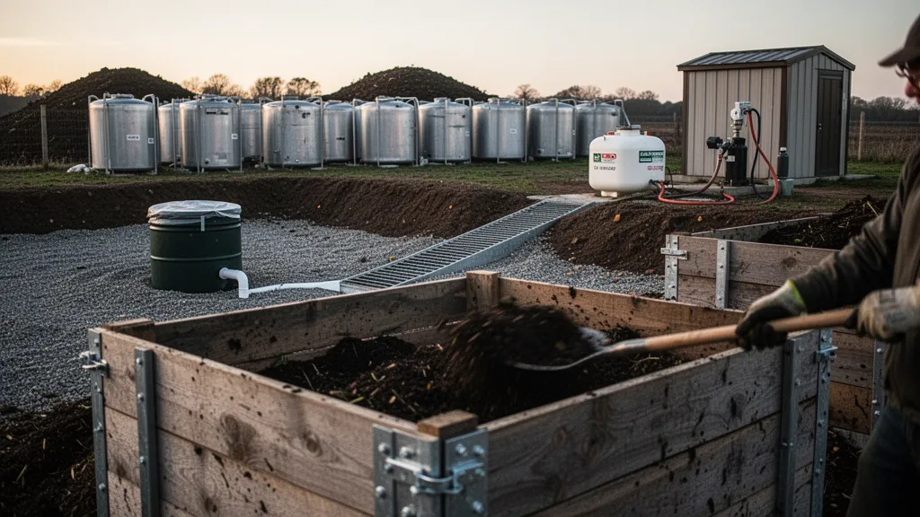 Compost en formation près d'une zone de stockage agricole, tas protégé et bac de récupération d'eau