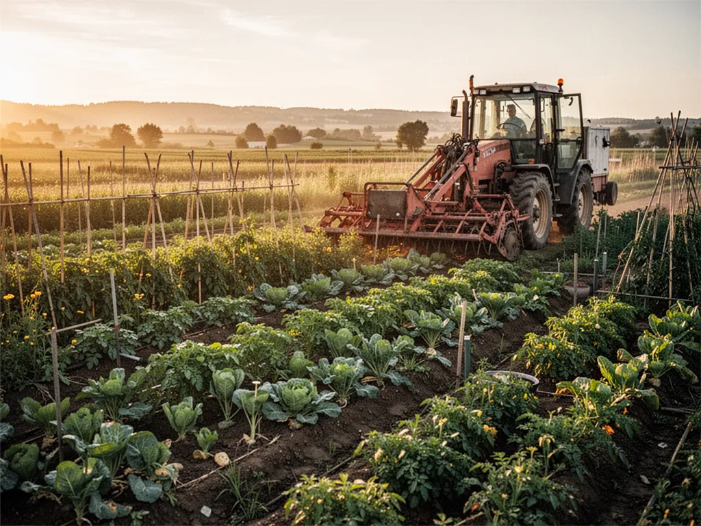 Carrés potagers avec jeunes légumes, terre sombre paillée et arrosoir posé au bord