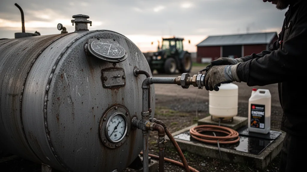 Cuve de stockage de carburant en extérieur avec vanne et jauge visibles