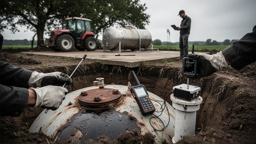 Tranchée prête à recevoir une cuve enterrée, sol argileux, robinets et bouche de contrôle visibles