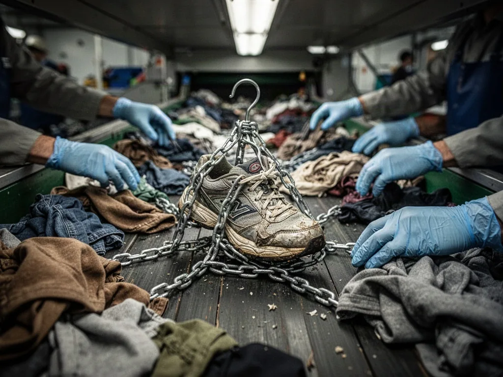 A crumpled sneaker tangled in a hanger chain among scattered garments on a sorting conveyor belt, gloved hands sorting,