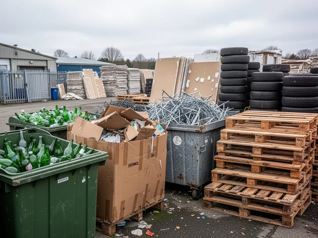 A recycling center yard with separate bins for green glass, brown cardboard, scrap metal, and wooden pallets, stacked ti