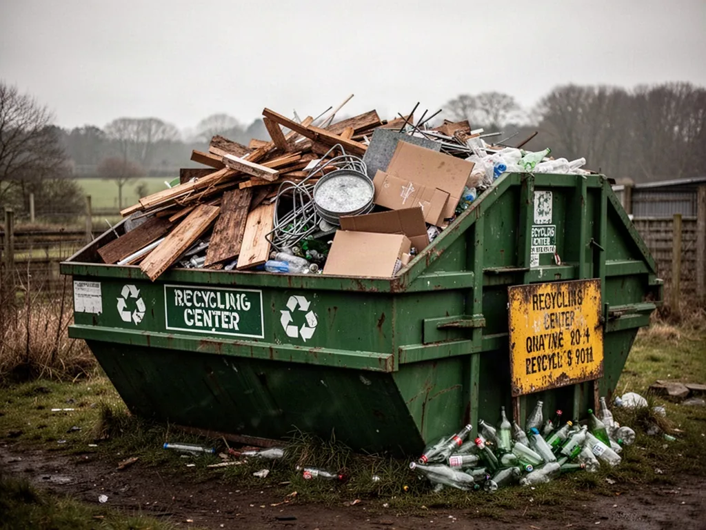 A green recycling center skip bin overflowing with sorted wood, metal, cardboard, and glass bottles, beside a faded yell