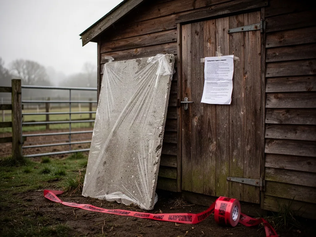 A sealed asbestos cement sheet leaning against a wooden farm shed, with a paper slip pinned to the door and a roll of re