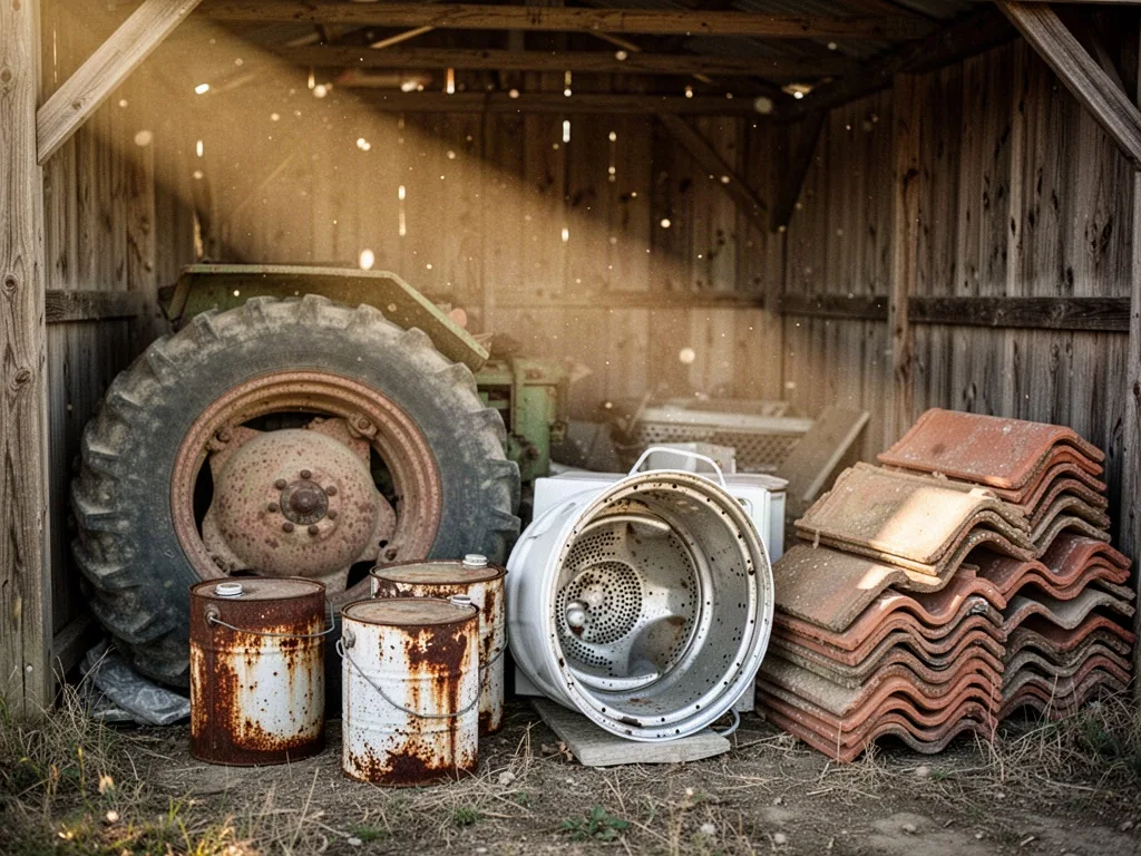 An old tractor tire, rusted paint cans, a broken washing machine drum, and stacked roof tiles piled inside a wooden hang