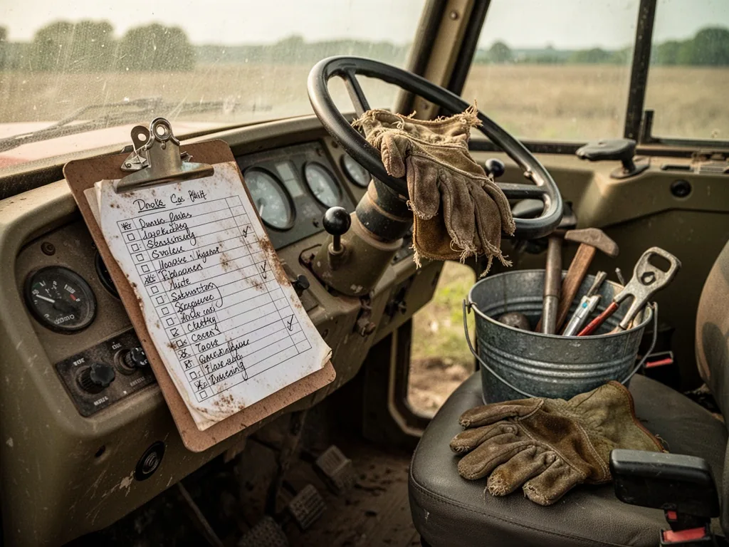 A weathered checklist clipped to a tractor dashboard, a frayed work glove on the steering wheel, a metal bucket of tools