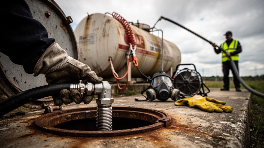 Opérateur inspectant l'intérieur d'une cuve de fioul avec un éclairage de sécurité