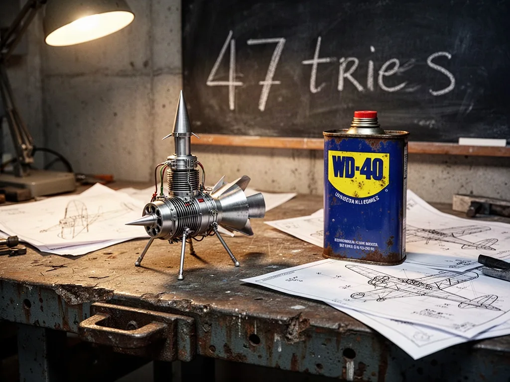 A weathered workbench holding a small rocket engine prototype and an old blue WD-40 can, scattered aviation blueprints, 