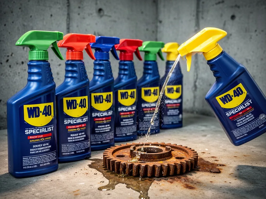 A row of blue WD-40 Specialist bottles with colored trigger heads, one spraying clear oil onto a rusted metal gear, conc