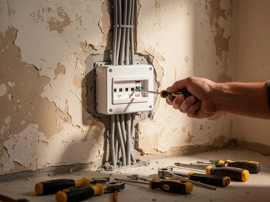 An old plaster wall with a new white electrical panel, grey cables running upward, an electrician's hand tightening a sc