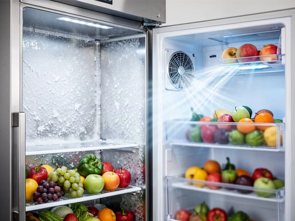 A stainless steel refrigerator interior, left side with icy frost on the back wall, right side with a small fan blowing 