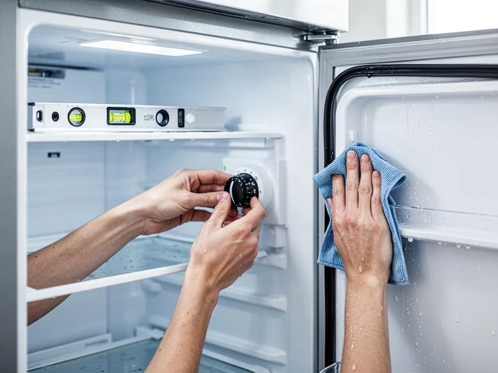 A pair of hands adjusting a black dial inside an empty refrigerator, a spirit level on a shelf, a wet cloth wiping a rub
