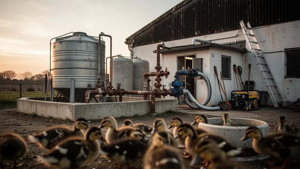 Canetons près d'une auge et d'une cuve de stockage sur une exploitation