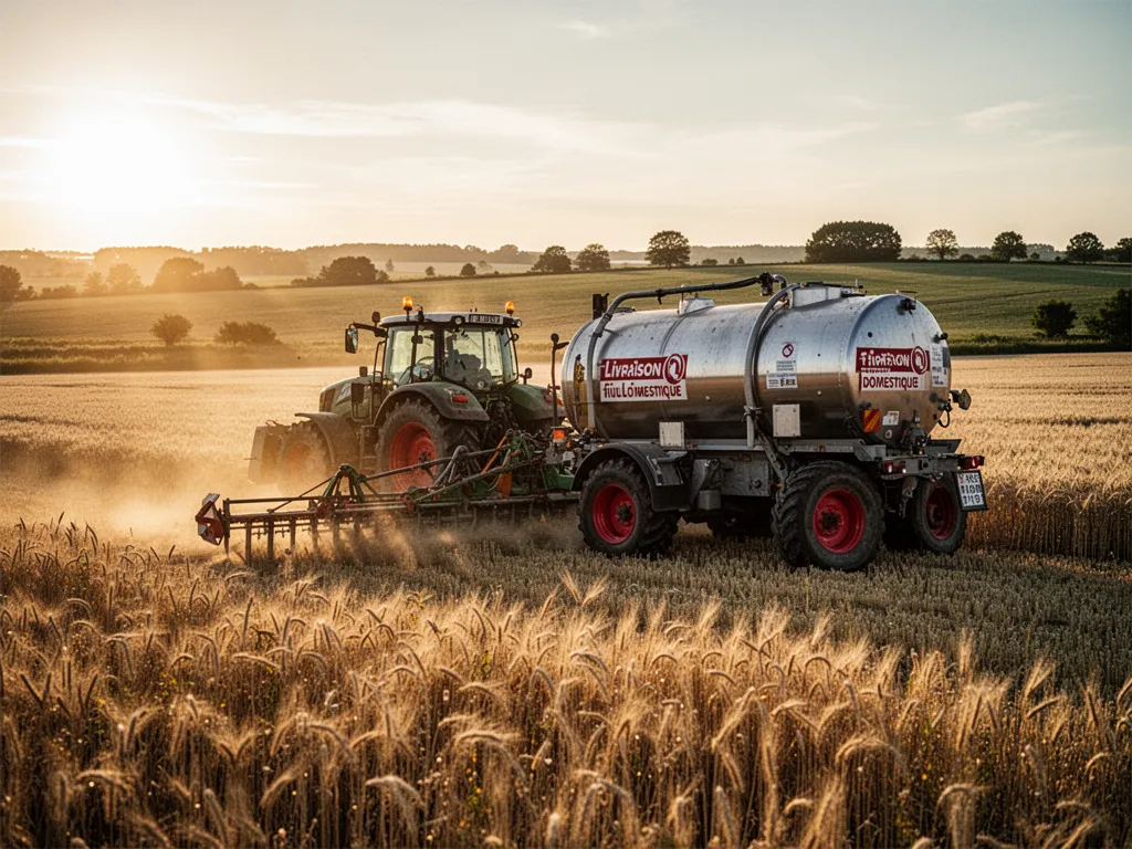 Camion de livraison de fioul domestique reculant vers une cuve extérieure, tuyau de dépotage déroulé sur le sol.