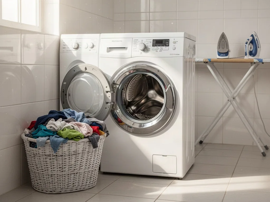 A combined washer-dryer with a full laundry basket beside it, an ironing board and iron in the background, bright tiled