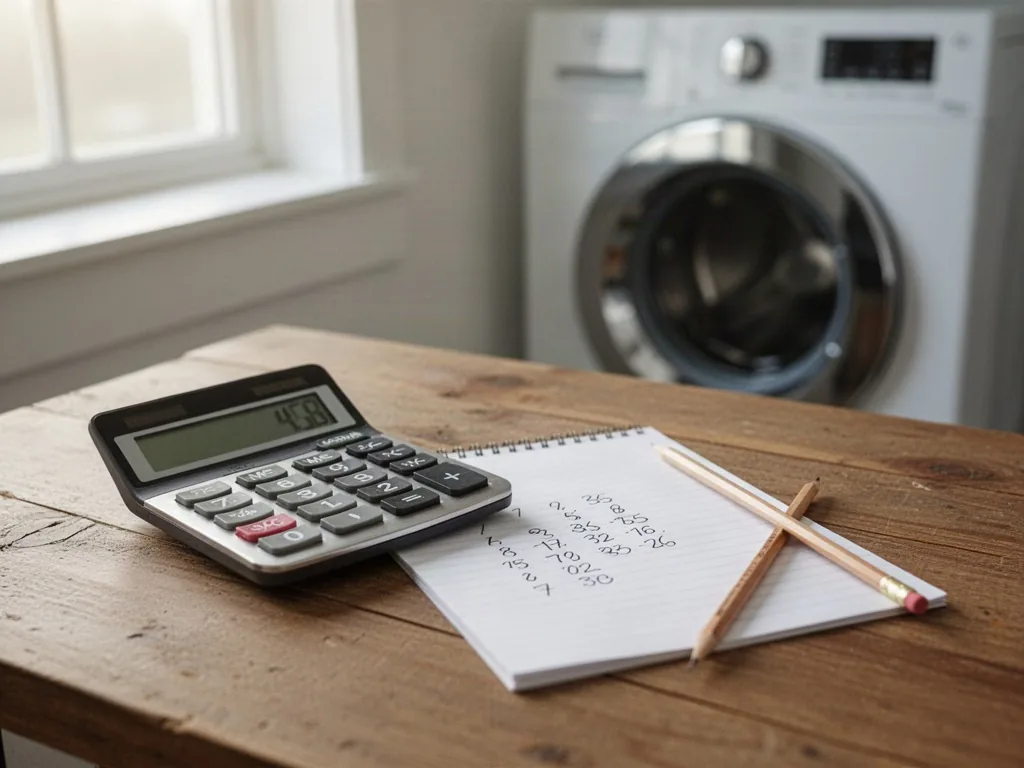 A calculator and a notepad with handwritten numbers on a wooden table, a pencil beside the notepad, a washer-dryer blurr