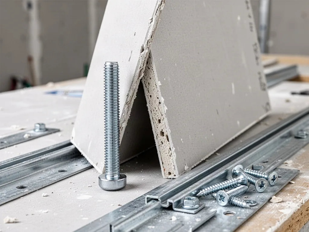 A steel M48 stud and a plasterboard panel leaning together, with metal rails and screws on a workbench, bright even dayl