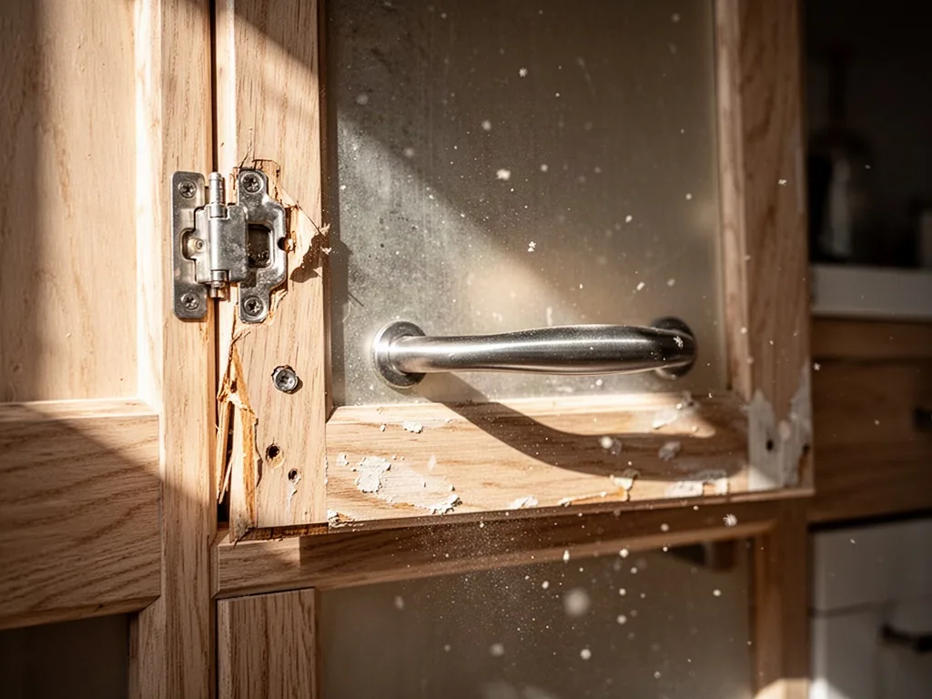 A worn kitchen cabinet door with one broken hinge and a sturdy stainless steel handle, mounted on pale oak frame, dust m
