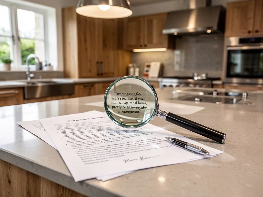 A magnifying glass over a detailed quote document on a kitchen showroom counter, a pen beside it, bright overhead lighti