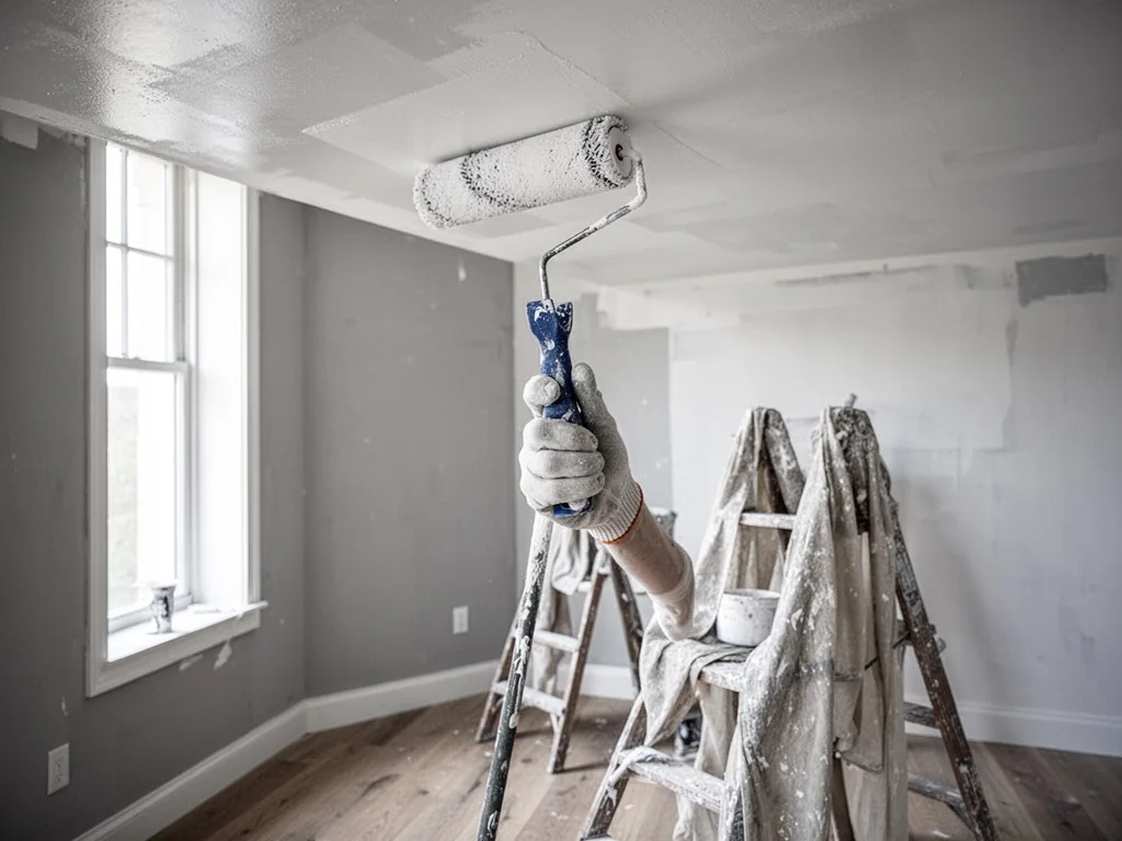 A painter's roller applying flat matte white paint to a smooth ceiling, soft daylight from a tall window, calm unclutter