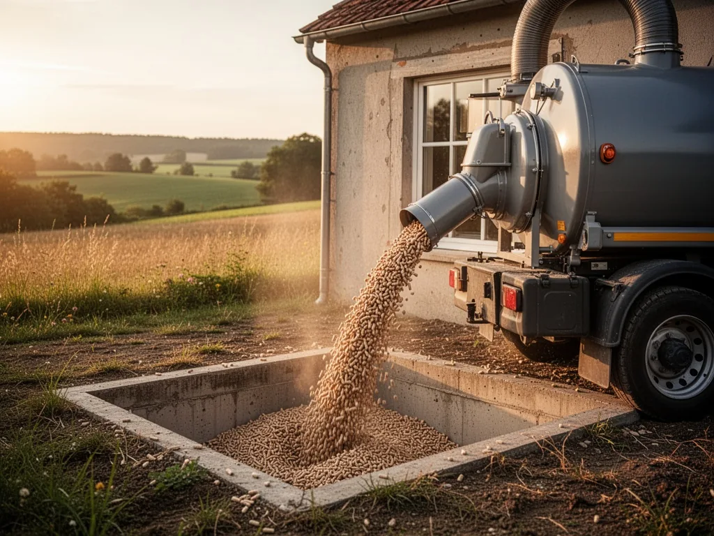 A gray pellet delivery truck with a pneumatic blower hose extending into a basement window, bulk wood pellets streaming