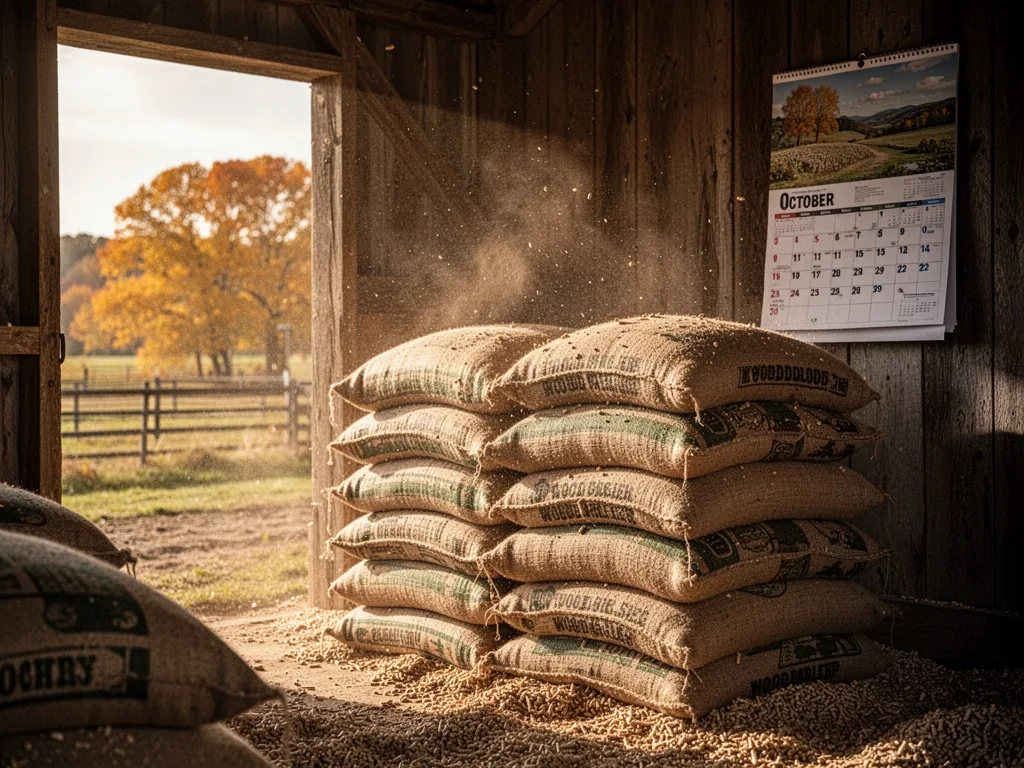 Stacked burlap sacks of wood pellets inside a dim farm shed, a wall calendar showing October, golden late autumn sunligh