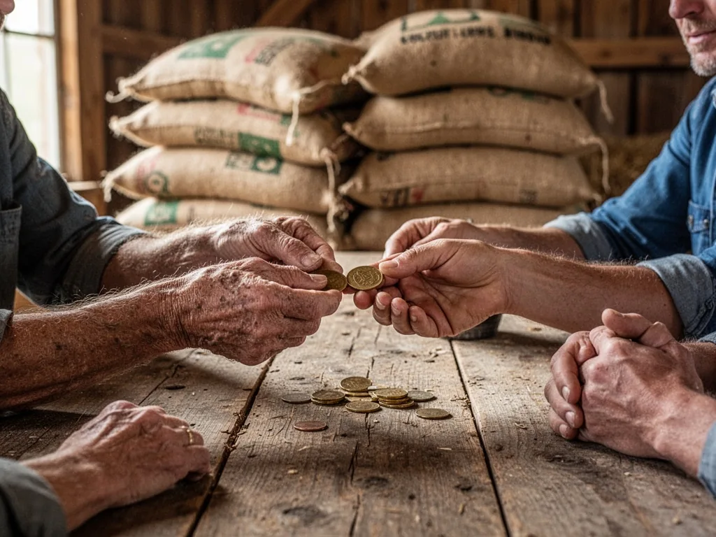 A close-up of weathered hands exchanging coins over a rough wooden table with burlap pellet sacks stacked in the backgro