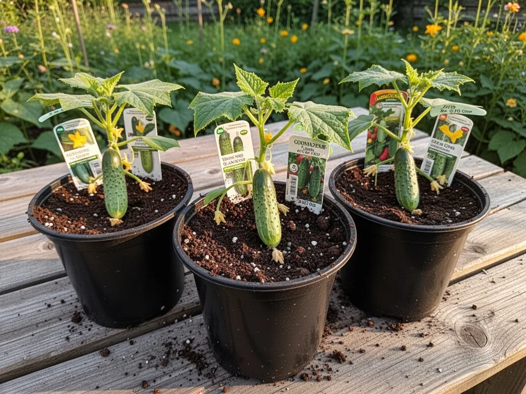 Three small cucumber seedlings in black plastic pots on a wooden garden table, plant tags with variety names and price s