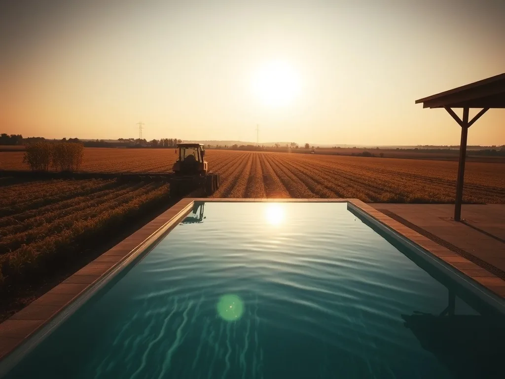 Piscine béton hors sol en parpaings enduits, avec margelles et filtration, dans un jardin