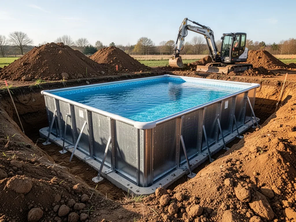 An above-ground pool with steel walls half-lowered into a rectangular excavation, mounds of fresh earth beside it, a sma
