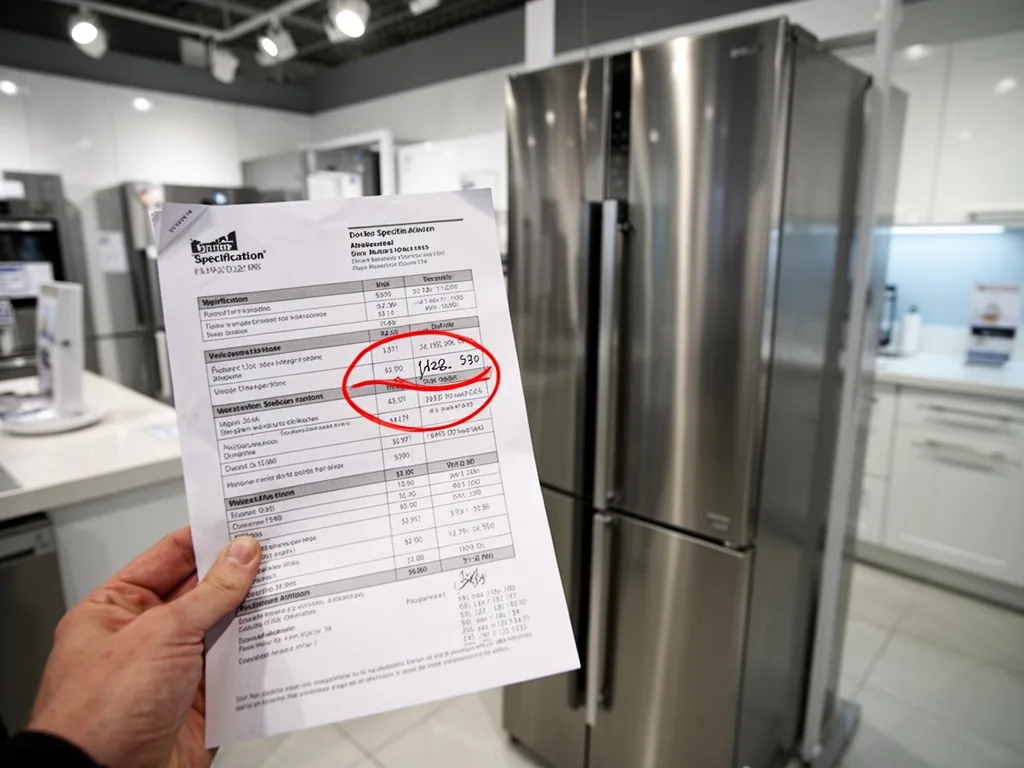 A hand holding a printed specification sheet with a red circled weight number, a tall stainless steel refrigerator stand