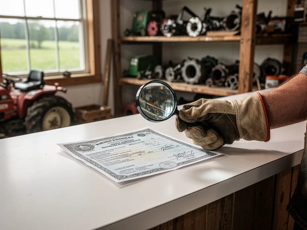 A white counter with a farmer's gloved hand holding a magnifying glass over a business license, behind it a blurred shop