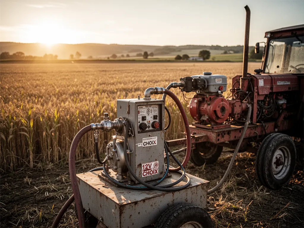 Pompe 12V carburant posée sur un bidon de GNR, avec flexible et pinces crocodiles branchées sur une batterie de tracteur dans un atelier agricole
