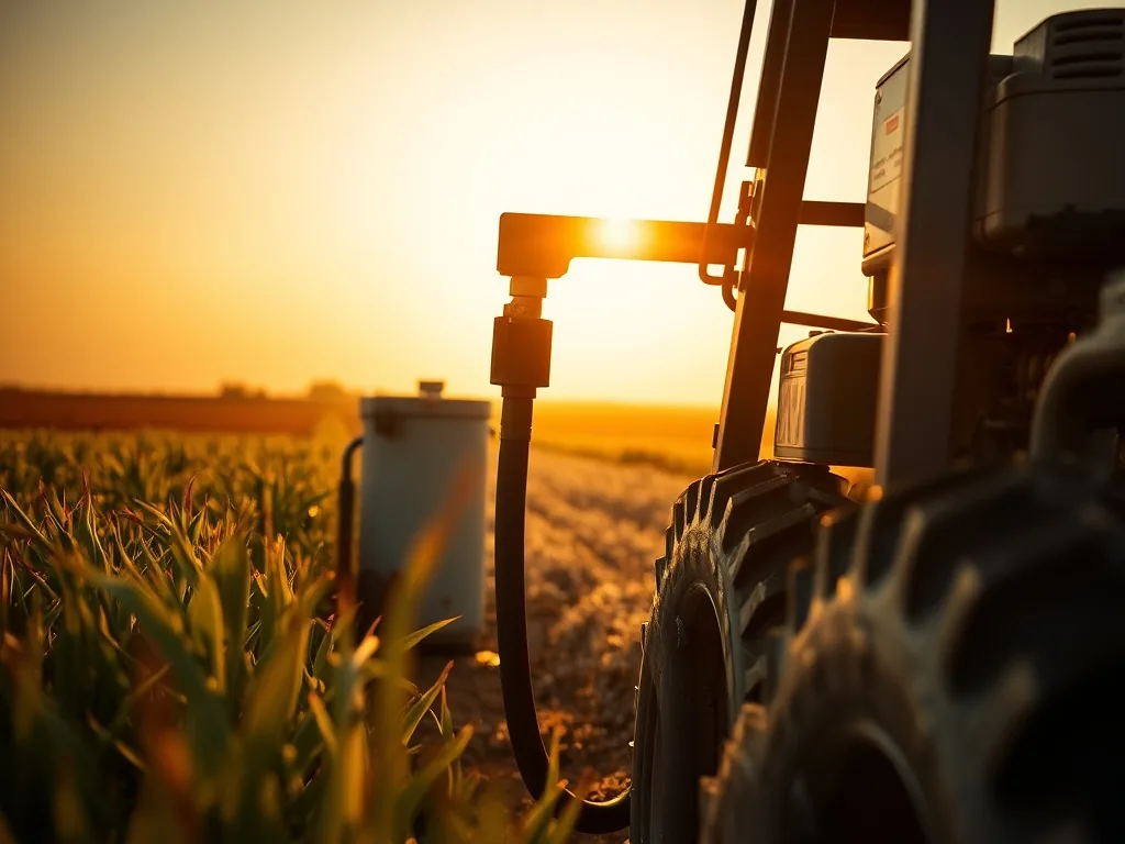 Pompe carburant diesel électrique branchée sur un flexible, posée à côté d'une cuve GNR double enveloppe sur une aire de distribution à la ferme