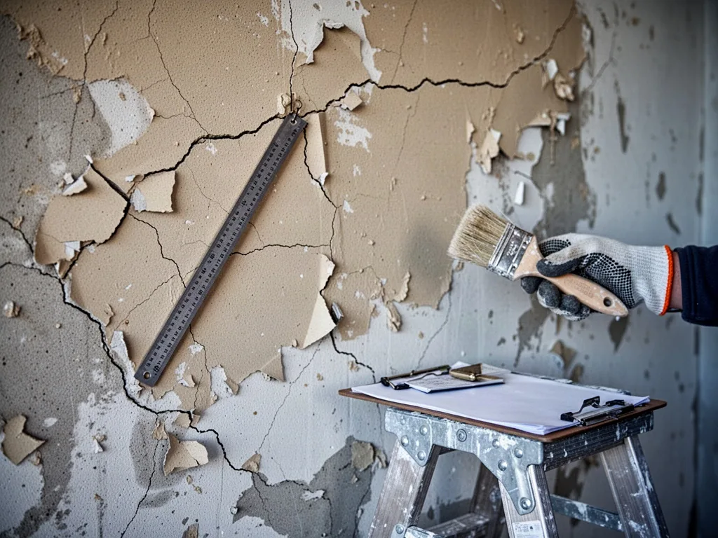 A cracked plaster wall with peeling layers of beige paint, a metal ruler hanging diagonally, a worker's gloved hand hold