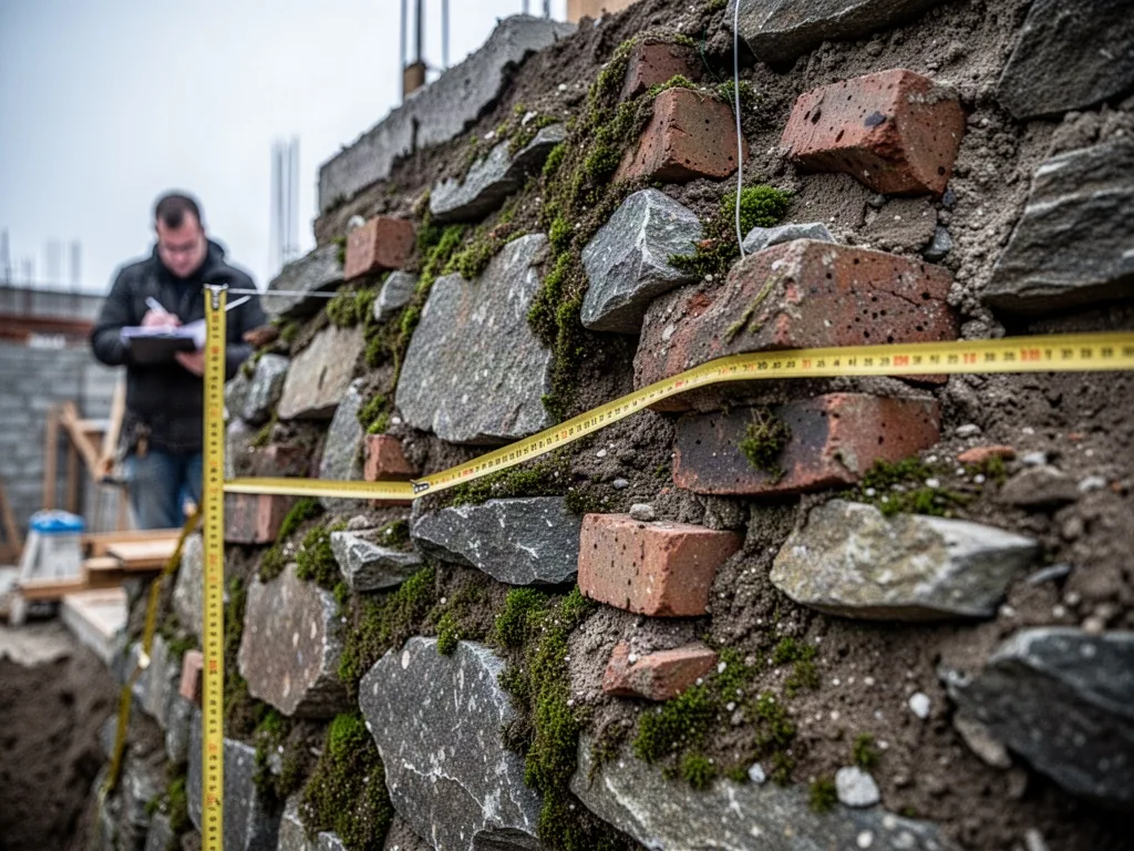 A rough stone wall covered in irregular moss and protruding bricks, a yellow measuring tape snaking across its surface, 