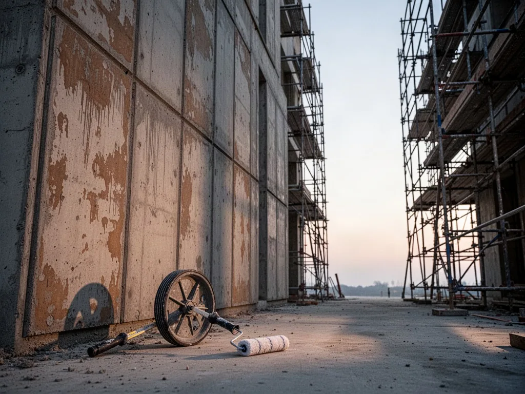 A tall building facade with weathered concrete panels, a measuring wheel on the ground beside a paint roller, scaffoldin