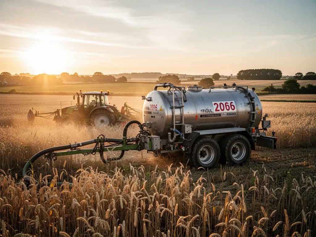 Ancienne cuve à fioul en cours d'intervention avec flexible, camion spécialisé et cour de ferme en arrière-plan