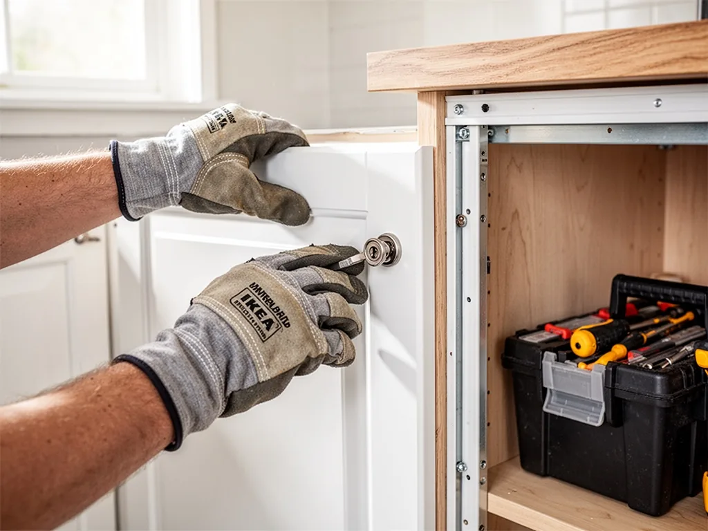 A pair of hands in work gloves fitting a white cabinet door with a cam lock, an IKEA-style kitchen frame beside a toolbo