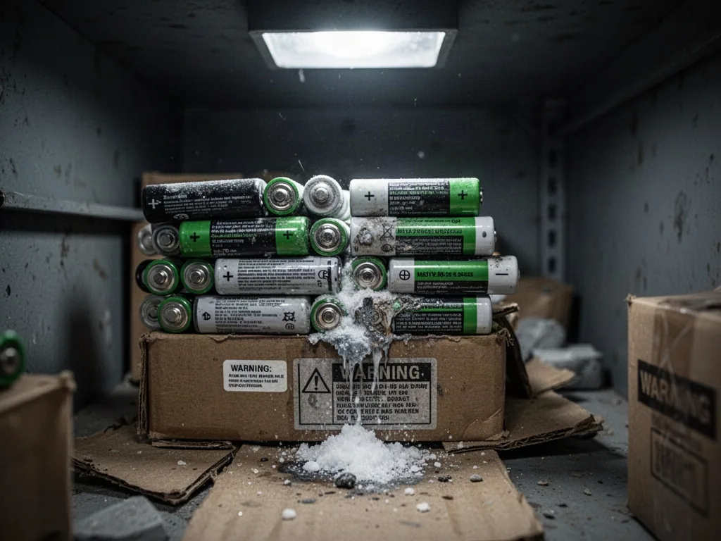 A stack of used batteries in a dim storage room, one leaking white corrosive powder onto cardboard, a faint warning stic