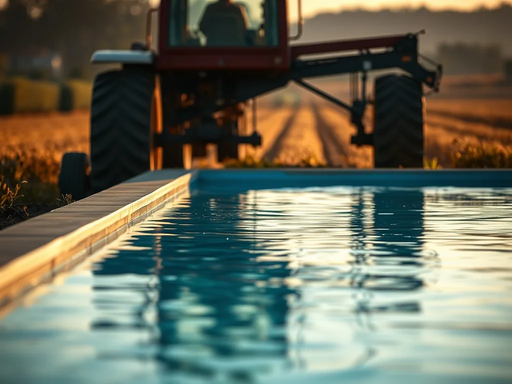 Bidons de produits de traitement de piscine posés sur une dalle, avec une cuve d'eau de 5000 litres en arrière-plan dans une cour de ferme