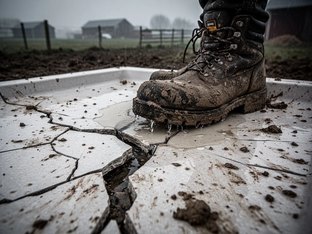 A cracked ceramic shower tray with jagged edges under a heavy muddy work boot, standing water seeping into the fissure,