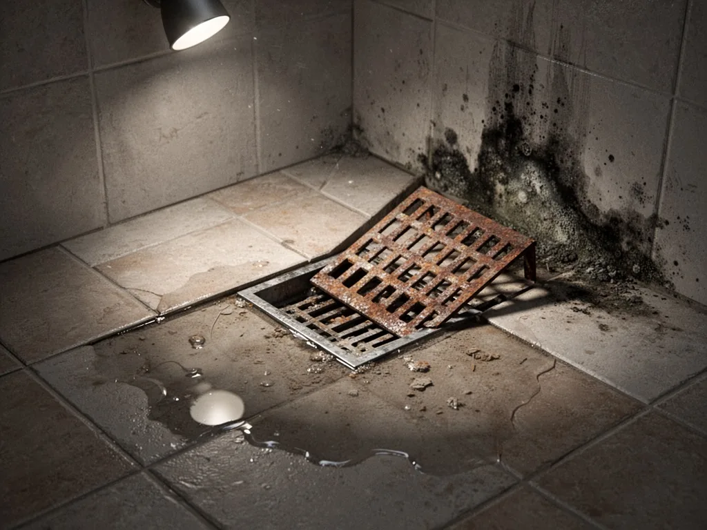 A poorly installed shower drain with uneven slope, standing water collecting on the tile floor, rusted metal grate parti